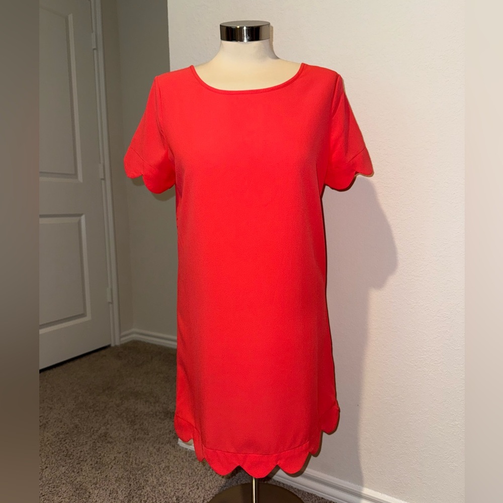 Vibrant Coral Dress w/ Scalloped Detailing